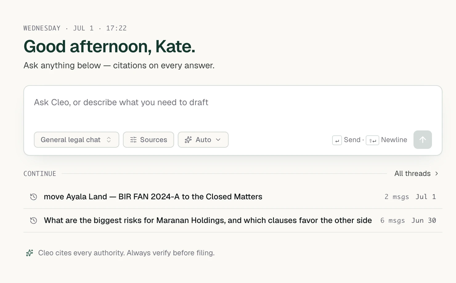 Cleo's home screen — a plain-language prompt with citations on every answer